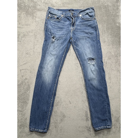 True Religion Rocco Jeans Mens Measured 37x33 Blue‎ Distressed Relaxed Skinny - Picture 1 of 8
